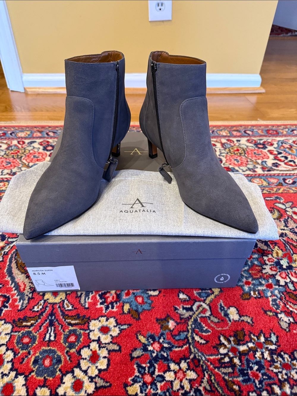 Aquatalia Charcoal Suede Pointed-Toe Ankle Booties
